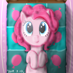 Size: 740x740 | Tagged: safe, artist:재미나_jaemina, pinkie pie, earth pony, pony, g4, bed, cute, diapinkes, female, korean, on back, on bed, solo