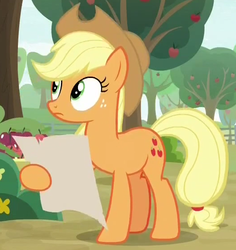 Size: 527x558 | Tagged: safe, screencap, applejack, earth pony, pony, g4, going to seed, apple tree, applejack's hat, cowboy hat, cropped, cute, female, freckles, hat, holding, hoof hold, jackabetes, mare, paper, raised hoof, solo, tree