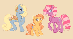 Size: 1600x869 | Tagged: dead source, safe, artist:rollingrabbit, baby sparkle north star, brilliant blossoms, caramel crunch, earth pony, pony, g1, female, filly, mare, trio, trio female