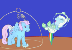 Size: 1466x1024 | Tagged: safe, artist:guihercharly, rainbow dash, wind whistler, g1, g4, my little pony 'n friends, scare master, angry, astrodash, astronaut, clothes, costume, crossover, funny, glass dome, helmet, laughing, moon, practical joke, space, spacesuit