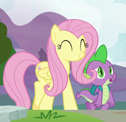 Size: 647x630 | Tagged: safe, screencap, fluttershy, spike, dragon, pegasus, pony, g4, sweet and smoky, backpack, claws, cropped, duo, eyes closed, female, male, mare, smiling, winged spike, wings