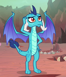 Size: 544x630 | Tagged: safe, screencap, princess ember, dragon, g4, sweet and smoky, claws, cropped, dragon egg, dragon lands, dragoness, egg, female, head scratch, horns, solo, spread wings, tail, toes, wings