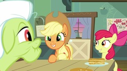 Size: 1920x1080 | Tagged: safe, screencap, apple bloom, applejack, granny smith, earth pony, pony, g4, going to seed, adorabloom, cute, food, hat, jackabetes, pancakes
