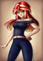 Size: 1060x1500 | Tagged: safe, artist:the-park, sunset shimmer, human, equestria girls, g4, belly button, clothes, female, human coloration, humanized, jeans, midriff, pants, simple background, smiling, solo, standing