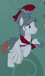 Size: 281x467 | Tagged: safe, screencap, albus, flash magnus, pegasus, pony, campfire tales, g4, armor, cropped, flying, helmet, hoof shoes, male, offscreen character, smiling, solo, stallion, wings