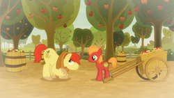 Size: 1920x1080 | Tagged: safe, screencap, big macintosh, bright mac, earth pony, pony, g4, going to seed, apple, apple orchard, apple tree, barrel, big macintosh's yoke, cart, colt, colt big macintosh, duo, duo male, father and son, food, horse collar, like father like son, like parent like child, male, stallion, tree, younger