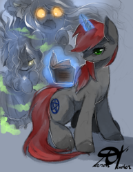 Size: 1275x1650 | Tagged: safe, artist:alts-art, oc, oc only, oc:ghost stories, ghost, pony, unicorn, book, magic, male, solo, stallion