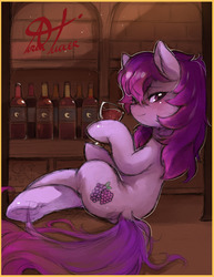 Size: 1280x1656 | Tagged: safe, artist:alts-art, oc, oc only, oc:share dast, earth pony, pony, alcohol, bar, blushing, crossed legs, female, glass, hoof hold, lidded eyes, looking at you, mare, not berry punch, sitting, solo, wine, wine bottle, wine glass