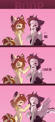 Size: 2289x5020 | Tagged: safe, artist:hagalazka, oc, oc only, oc:adilet, oc:katie, earth pony, pony, blushing, boop, comic, fangs, horn, non-consensual booping, spread wings, tongue out, wingboner, wings