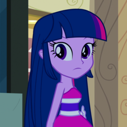 Size: 1080x1080 | Tagged: safe, screencap, twilight sparkle, equestria girls, g4, my little pony equestria girls, bare shoulders, clothes, cropped, dress, fall formal outfits, female, huh, looking at something, sleeveless, solo, strapless, twilight ball dress