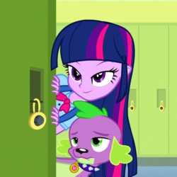 Size: 1080x1080 | Tagged: safe, screencap, spike, twilight sparkle, alicorn, dog, equestria girls, g4, my little pony equestria girls, cropped, female, lidded eyes, lockers, male, spike the dog, twilight sparkle (alicorn), varying degrees of want