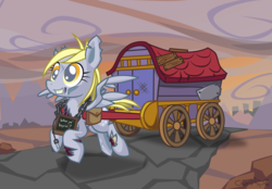 Size: 3290x2289 | Tagged: safe, artist:cazra, derpy hooves, ghoul, pegasus, pony, fallout equestria, g4, fanfic, fanfic art, female, grin, high res, hooves, mare, road, saddle bag, smiling, solo, spread wings, wagon, wasteland, wings