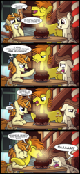 Size: 895x1929 | Tagged: safe, artist:veggie55, edit, carrot cake, pound cake, pumpkin cake, earth pony, pegasus, pony, unicorn, g4, bipedal, bipedal leaning, birthday, birthday cake, cake, comic, cute, cyrillic, dialogue, food, leaning, neglect, older, russian, smiling, speech bubble, tongue out, translation