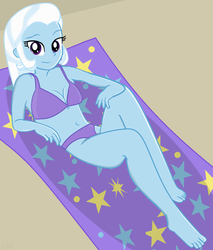 Size: 1200x1406 | Tagged: safe, artist:grapefruitface1, derpibooru exclusive, trixie, equestria girls, g4, barefoot, beach babe, beach towel, belly button, bikini, bikini babe, breasts, cleavage, clothes, feet, female, happy, looking at you, midriff, missing accessory, relaxing, sand, sleeveless, solo, swimsuit