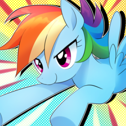 Size: 980x980 | Tagged: safe, artist:ryuu, rainbow dash, pegasus, pony, g4, female, mare, modern art, pop art, smiling, solo, spread wings, wings