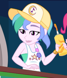 Size: 592x685 | Tagged: safe, screencap, pinkie pie, summer solstice (g4), equestria girls, equestria girls series, five lines you need to stand in, g4, spoiler:eqg series (season 2), cap, clothes, cropped, female, food, hat, mustard, not celestia, offscreen character, sauce, sleeveless, solo, vendor