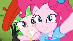 Size: 1336x752 | Tagged: safe, screencap, drama letter, pinkie pie, watermelody, equestria girls, five lines you need to stand in, g4, my little pony equestria girls: better together, beret, cute, diapinkes, geode of sugar bombs, hat, magical geodes, music festival outfit, peace sign, selfie, smiling