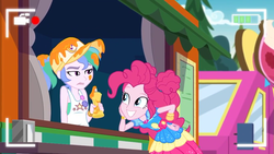 Size: 1336x752 | Tagged: safe, screencap, pinkie pie, summer solstice (g4), equestria girls, equestria girls series, five lines you need to stand in, g4, spoiler:eqg series (season 2), food, food on face, food truck, hand on hip, hat, mustard, not celestia, sauce, smiling, unamused, vendor