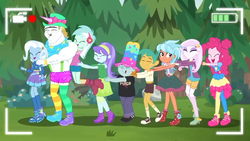 Size: 1336x752 | Tagged: safe, screencap, aqua blossom, bulk biceps, fleur-de-lis, frosty orange, lyra heartstrings, pinkie pie, snails, snips, trixie, equestria girls, five lines you need to stand in, g4, my little pony equestria girls: better together, ass, background human, bathroom line, butt, butt touch, clothes, conga, conga line, converse, eyes closed, female, hand on butt, hat, male, pants, pantyhose, shoes, shorts, skirt, sneakers, snips's festival hat