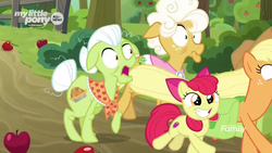 Size: 1600x900 | Tagged: safe, screencap, apple bloom, applejack, goldie delicious, g4, going to seed, apple, bush, excited, food, running, smiling, surprised