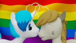 Size: 1920x1080 | Tagged: safe, artist:deloreandudetommy, oc, oc only, oc:logic puzzle, oc:supersaw, earth pony, pony, unicorn, 3d, blender, couple, eyes closed, gay, gay pride, heart, kissing, male, open mouth, pride, pride flag, rainbow flag, stallion, tail wrap