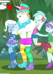 Size: 485x669 | Tagged: safe, screencap, aqua blossom, bulk biceps, lyra heartstrings, trixie, equestria girls, five lines you need to stand in, g4, my little pony equestria girls: better together, background human, bulkabetes, butt touch, conga, conga line, cropped, cute, dancing, diatrixes, female, hand on butt, lyrabetes, male, selfie drone