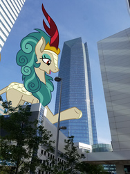 Size: 1512x2016 | Tagged: safe, artist:hendro107, artist:theotterpony, rain shine, kirin, g4, city, female, giant kirin, giant rain shine, highrise ponies, irl, macro, oklahoma, oklahoma city, open mouth, photo, ponies in real life, raised hoof, solo, story in the source, story included, united states
