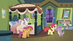 Size: 638x359 | Tagged: safe, edit, edited screencap, editor:undeadponysoldier, screencap, apple bloom, babs seed, scootaloo, spike, sweetie belle, dragon, earth pony, pegasus, pony, unicorn, g4, adorable face, adorabloom, apple bloom's bedroom, bed, bedroom, blanket, bow, bust, chest, crusadespike, curtains, cute, cutie mark crusaders, daaaaaaaaaaaw, drawer, eyes closed, female, filly, happy, hug, male, midnight, pillow, portrait, ship:babspike, ship:scootaspike, ship:spikebelle, ship:spikebloom, slumber party, smiling, spikelove, they grow up so fast, toy, toy box, window