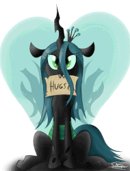 Size: 455x600 | Tagged: safe, artist:sadtrooper, artist:szafir87, queen chrysalis, changeling, changeling queen, g4, animated, bronybait, crown, cute, cutealis, eye clipping through hair, female, flapping wings, gif, heart, hug request, hugs 4 bugs, hugs?, jewelry, mouth hold, quadrupedal, regalia, signature, sitting, solo