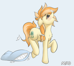 Size: 1384x1228 | Tagged: safe, artist:mricantdraw, oc, oc only, oc:safe haven, earth pony, pony, feather, female, happy, mare, pillow, playful, solo
