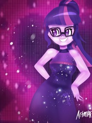 Size: 1800x2400 | Tagged: safe, artist:artmlpk, sci-twi, twilight sparkle, equestria girls, g4, i'm on a yacht, my little pony equestria girls: better together, clothes, cute, dress, female, glasses, hips, neon eg logo, smiling, twiabetes