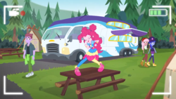 Size: 1366x768 | Tagged: safe, screencap, duke suave, pinkie pie, raspberry lilac, space camp, equestria girls, five lines you need to stand in, g4, my little pony equestria girls: better together, background human, female, fleetwood pace arrow, male, picnic table, pose, rv, table