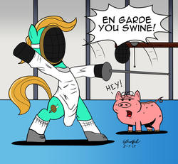 Size: 900x831 | Tagged: safe, artist:cartoon-eric, pig, pony, epee, fencing