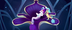 Size: 1920x804 | Tagged: safe, screencap, princess skystar, queen novo, seapony (g4), g4, my little pony: the movie, blue mane, blue tail, bored, bubble, clothes, collar, crown, dorsal fin, duo, eyelashes, eyes closed, eyeshadow, female, fin, fin wings, fins, fish tail, flower, flower in hair, flowing mane, freckles, glowing, happy, jewelry, lidded eyes, logo, looking at each other, looking at someone, makeup, mother and child, mother and daughter, necklace, ocean, open mouth, open smile, pearl, pearl necklace, princess, purple eyes, purple mane, queen, regalia, scales, seaquestria, see-through, serious, serious face, sitting, smiling, spread wings, swimming, tail, teeth, throne, throne room, underwater, water, wings