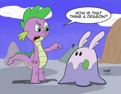 Size: 900x696 | Tagged: safe, artist:cartoon-eric, spike, dragon, goomy, g4, crossover, pointing, pokémon, sky