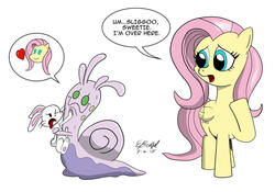 Size: 900x630 | Tagged: safe, artist:cartoon-eric, angel bunny, fluttershy, sliggoo, snail, g4, affection, crossover, pokémon