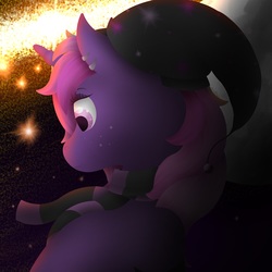 Size: 2500x2500 | Tagged: safe, artist:hotzone, oc, oc only, oc:lovecraft dawn, pony, unicorn, atmospheric, bust, digital art, female, galaxy, high res, planet, portrait, purple, space, spacescape, unknown