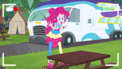 Size: 800x450 | Tagged: safe, screencap, pinkie pie, equestria girls, five lines you need to stand in, g4, my little pony equestria girls: better together, animated, close-up, cute, diapinkes, extreme close-up, female, fourth wall, looking at you, recording, rv