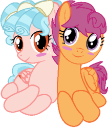 Size: 311x368 | Tagged: safe, artist:drugzrbad, artist:rainbineeoi, cozy glow, scootaloo, pegasus, pony, g4, base used, blushing, cozybetes, cute, female, lesbian, looking at you, lying down, ship:cozyloo, shipping, wings