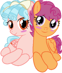 Size: 311x368 | Tagged: safe, artist:drugzrbad, artist:rainbineeoi, cozy glow, scootaloo, pegasus, pony, g4, a better ending for cozy, base used, blushing, cozybetes, cozylove, cute, daaaaaaaaaaaw, duo, female, lesbian, looking at you, lying down, reformation, reformed villain, ship:cozyloo, shipping, what if, wings