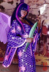 Size: 2600x3800 | Tagged: safe, artist:axel-doi, twilight sparkle, human, g4, 3d, clothes, costume, dark skin, female, high res, humanized, kimono (clothing), photo, photoshop, solo, winged humanization, wings