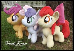 Size: 1830x1275 | Tagged: safe, artist:peruserofpieces, apple bloom, scootaloo, sweetie belle, earth pony, pony, unicorn, g4, accessory, bow, cutie mark crusaders, female, filly, happy, irl, photo, plushie, ribbon, side by side, smiling, toy, trio