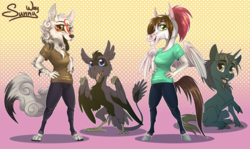 Size: 1683x1000 | Tagged: safe, artist:sunny way, oc, oc only, oc:steven saidon, oc:sunny way, pegasus, pony, unicorn, wolf, wyvern, anthro, rcf community, amaterasu, anthro with ponies, chibi, cute, furry, horn, male, okami, open mouth, smiling, stallion, wings