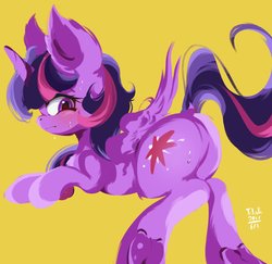 Size: 2027x1970 | Tagged: safe, artist:tohupo, twilight sparkle, alicorn, pony, g4, blushing, butt, ear fluff, eyes on the prize, female, mare, plot, simple background, solo, sweat, twibutt, twilight sparkle (alicorn)