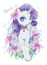 Size: 821x1149 | Tagged: safe, artist:osawari64, rarity, pony, unicorn, g4, cute, female, flower, flower in hair, jewelry, mare, necklace, no pupils, open mouth, raribetes, simple background, solo, white background