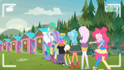 Size: 600x338 | Tagged: safe, screencap, aqua blossom, bulk biceps, fleur-de-lis, frosty orange, lyra heartstrings, pinkie pie, snails, snips, trixie, equestria girls, five lines you need to stand in, g4, my little pony equestria girls: better together, animated, background human, bathroom line, clothes, converse, covering crotch, desperation, female, fetish fuel, hat, male, need to pee, omorashi, outhouse, pants, pantyhose, potty dance, potty emergency, potty time, scrunchy face, shoes, shorts, skirt, sneakers, surprised, wide eyes