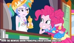 Size: 860x500 | Tagged: safe, edit, edited screencap, screencap, pinkie pie, summer solstice (g4), equestria girls, equestria girls series, five lines you need to stand in, g4, spoiler:eqg series (season 2), caption, food truck, image macro, job, moonlighting, not celestia, text, work