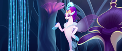 Size: 1920x804 | Tagged: safe, screencap, queen novo, seapony (g4), g4, my little pony: the movie, bubble, dorsal fin, eyeshadow, female, fin, fin wings, fins, fish tail, flowing tail, glowing, lidded eyes, makeup, ocean, open mouth, purple eyes, queen, seaquestria, smiling, smug, solo, tail, throne, throne room, underwater, water, wings