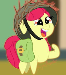 Size: 1400x1569 | Tagged: safe, artist:puperhamster, apple bloom, earth pony, pony, g4, going to seed, adorabloom, cute, female, filly, happy, hat, open mouth, raised leg, saddle bag, scene interpretation, simple background, solo