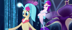 Size: 1920x804 | Tagged: safe, screencap, princess skystar, queen novo, seapony (g4), g4, my little pony: the movie, angry, blue mane, blue tail, bubble, clothes, collar, crossed arms, crown, cute, dorsal fin, duo, eyelashes, eyeshadow, female, fin, fin wings, fins, fish tail, flower, flower in hair, flowing mane, freckles, glowing, happy, jewelry, lidded eyes, like mother like daughter, like parent like child, looking at each other, looking at someone, makeup, mother and child, mother and daughter, necklace, ocean, open mouth, open smile, pearl, pearl necklace, princess, purple eyes, purple mane, queen, regalia, scales, seaquestria, see-through, sitting, skyabetes, smiling, spread wings, swimming, tail, teeth, throne, throne room, underwater, water, wings
